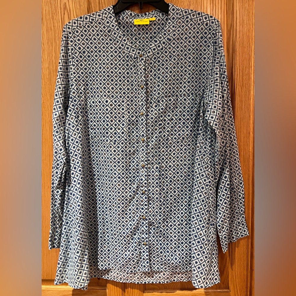 Roberta Roller Rabbit Gold Button Down Geometric Print Shirt Tunic Size Large